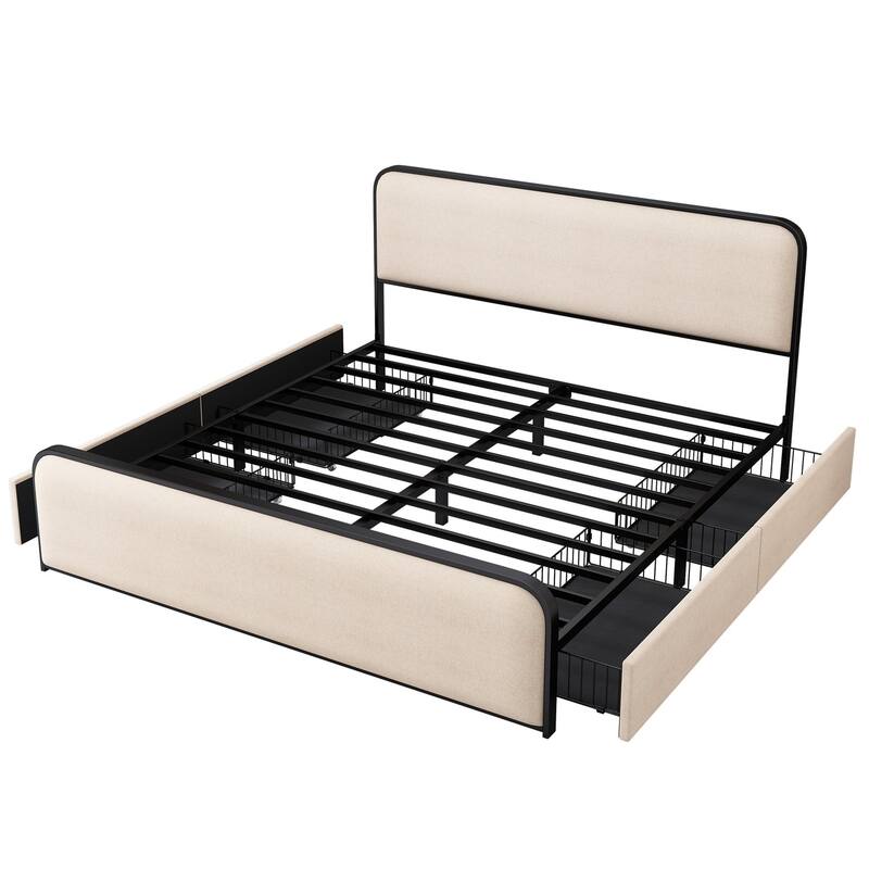 Metal Frame King Size Platform Beds with Headboard Footboard and 4 Storage Drawers