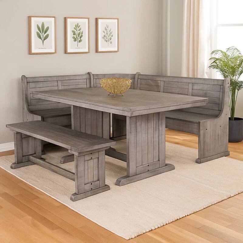 Zeka 4pc Breakfast Nook Dining with Storage Bench Set, Gray Mahogany Wood