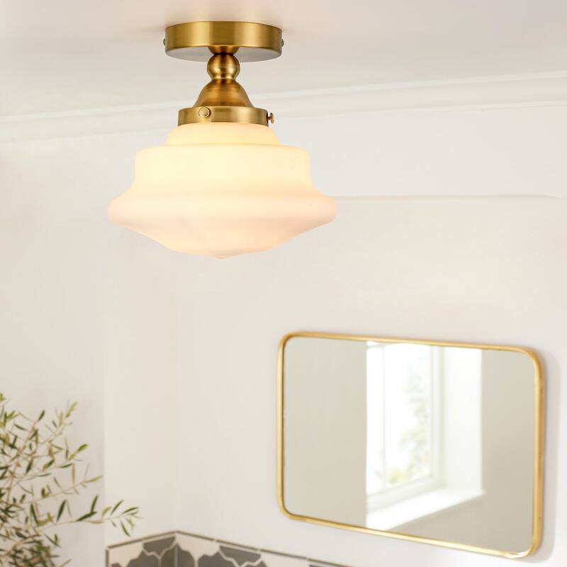 9.5" W Farmhouse Gold/Black Metal Semi-Flush Mount Ceiling Light with Frosted White Glass for Bedroom, Living Room