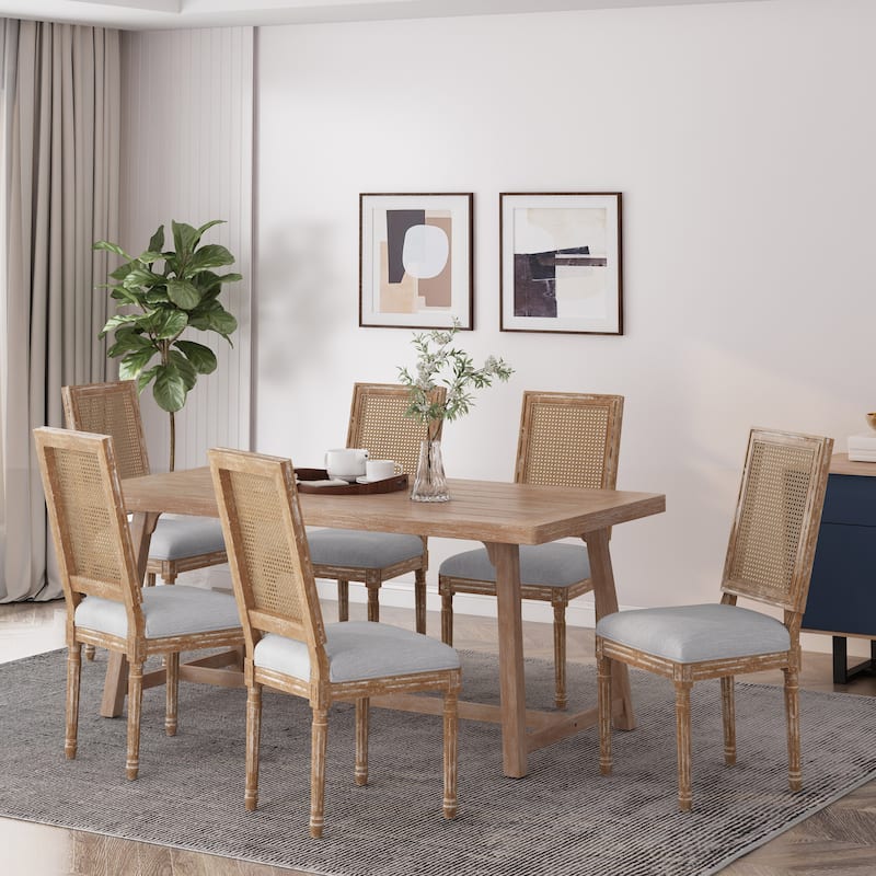 Regina French Country Wood and Cane Upholstered Dining Chair (Set of 6) by Christopher Knight Home - Light Gray + Natural