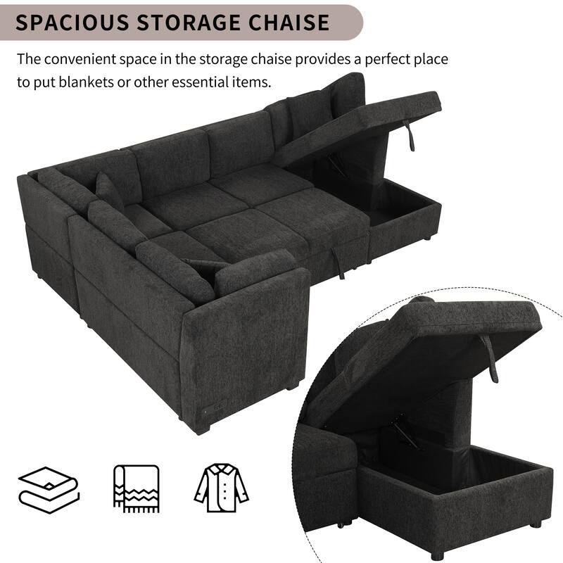 108.6" U-shaped Sectional Sofa Pull out Sofa Bed with Two USB Ports, Two Power Sockets, Three Back Pillows and a Storage Chaise