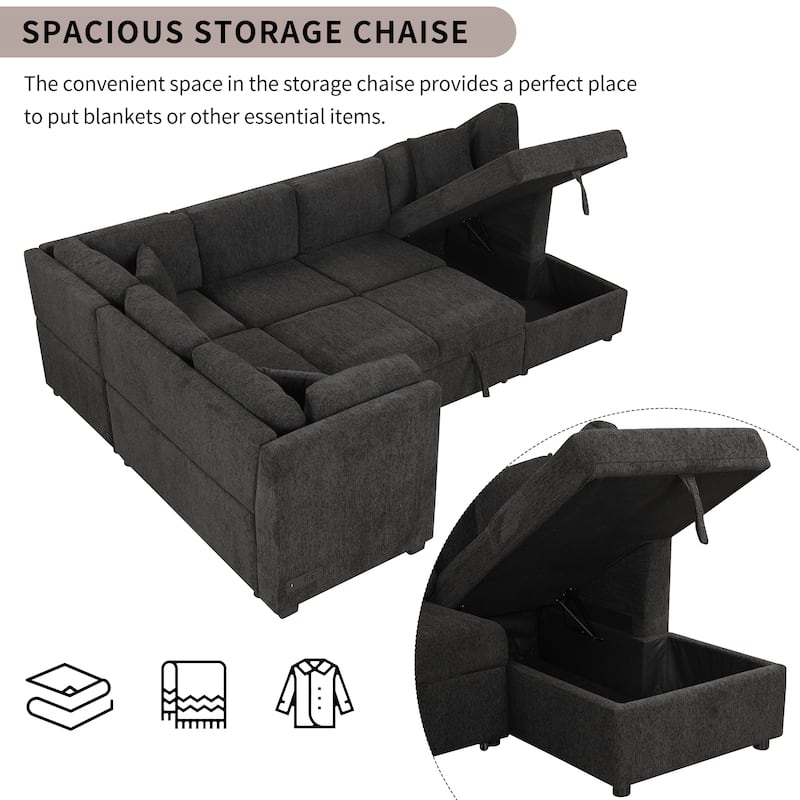 Roomfitters U-Shaped Sectional Sofa Pull-Out Bed with USB Ports, Power Sockets, Three Back Pillows, and Storage Chaise