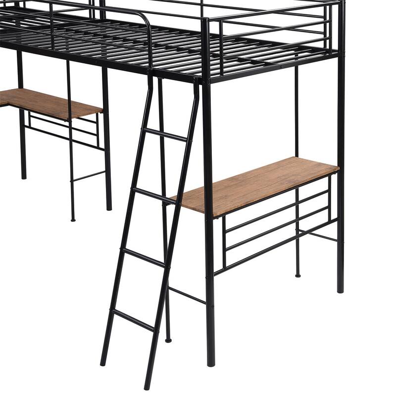 Merax Twin Metal L-shaped Loft Bed with Two Built-in Desks
