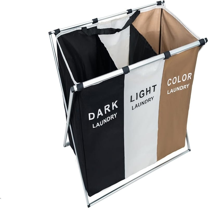 Laundry Basket 3 Section Foldable Dirty Laundry Hampe - 26"L x 16"W x 24"H - 3 sections ‎Black and white brown