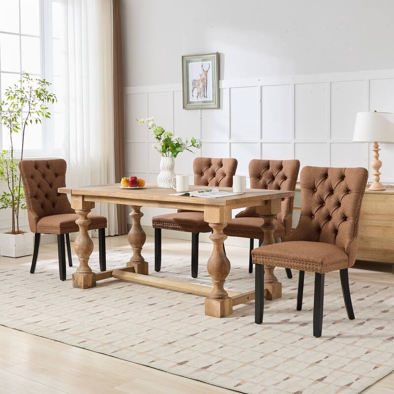 Set of 2 Linen Upholstered Dining Chair with Wood Legs, Nailhead Trim