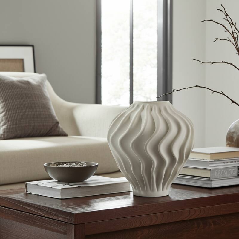 Porcelain Sculptural Vase with Textured Wave Design Modern Form