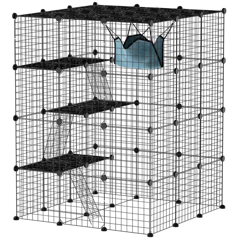 PawHut Cat Cage Indoor, DIY 4 Tier Cat Enclosure with Hammock, 3 x 3 x 4 Detachable Wire Cat Kennel with Ramps - Black