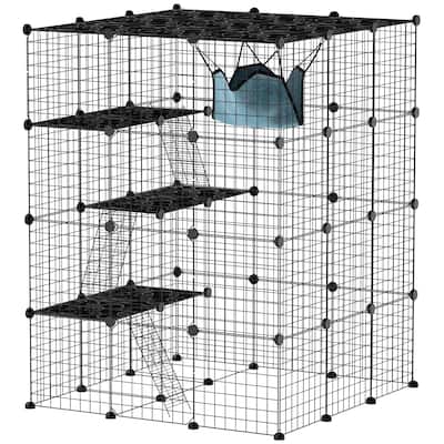PawHut Cat Cage Indoor, DIY 4 Tier Cat Enclosure with Hammock, 3 x 3 x 4 Detachable Wire Cat Kennel with Ramps