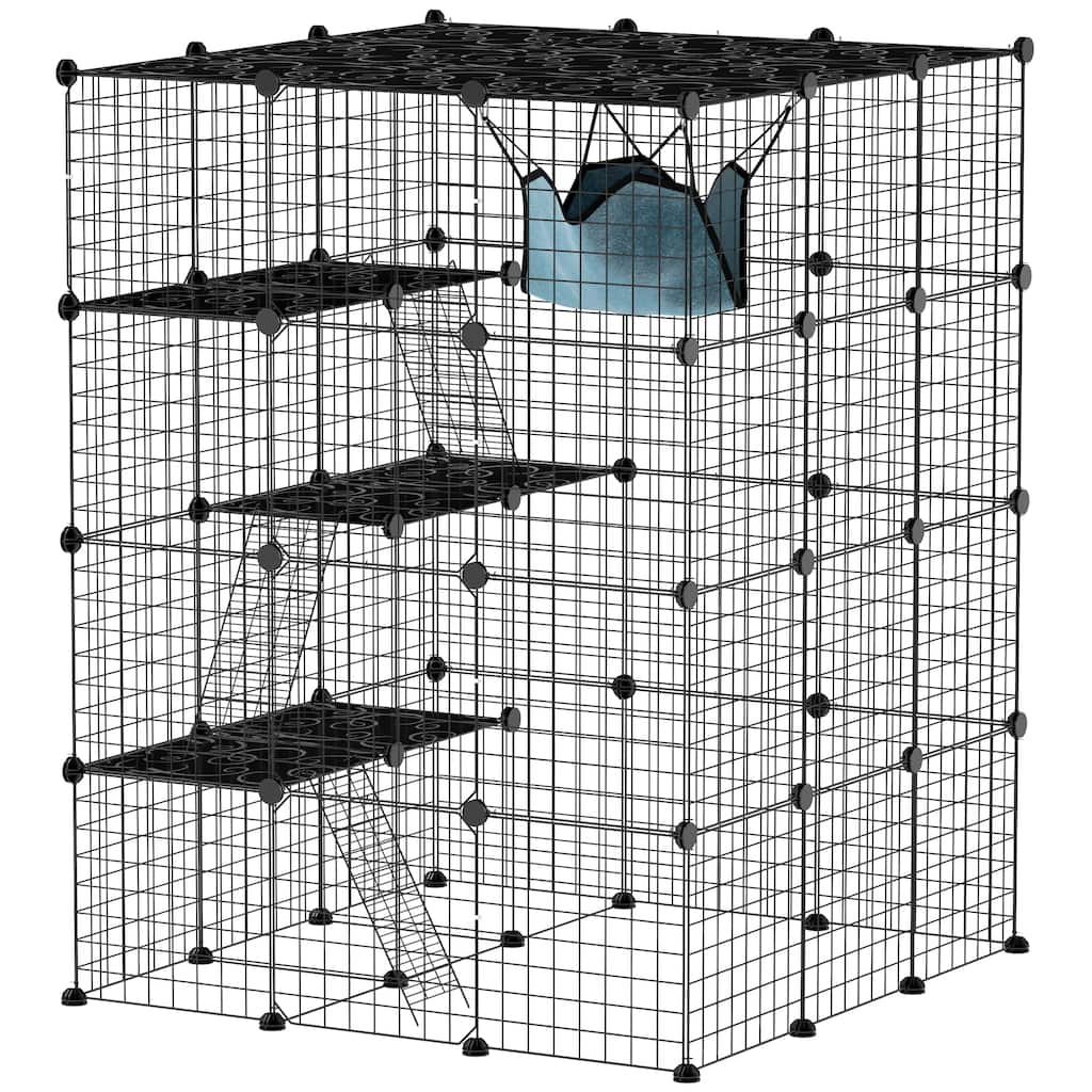 PawHut Cat Cage Indoor, DIY 4 Tier Cat Enclosure with Hammock, 3 x 3 x 4 Detachable Wire Cat Kennel with Ramps
