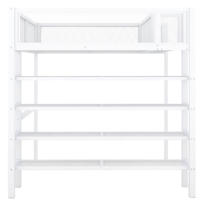 Full Size Metal Loft Bed with 4-Tier Shelves and Storage, Space-Saving Design for Kids & Teens