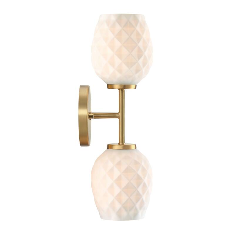 Dita 17 in. 2-Light Brushed Gold Wall Sconce with Etched Opal Glass Shades