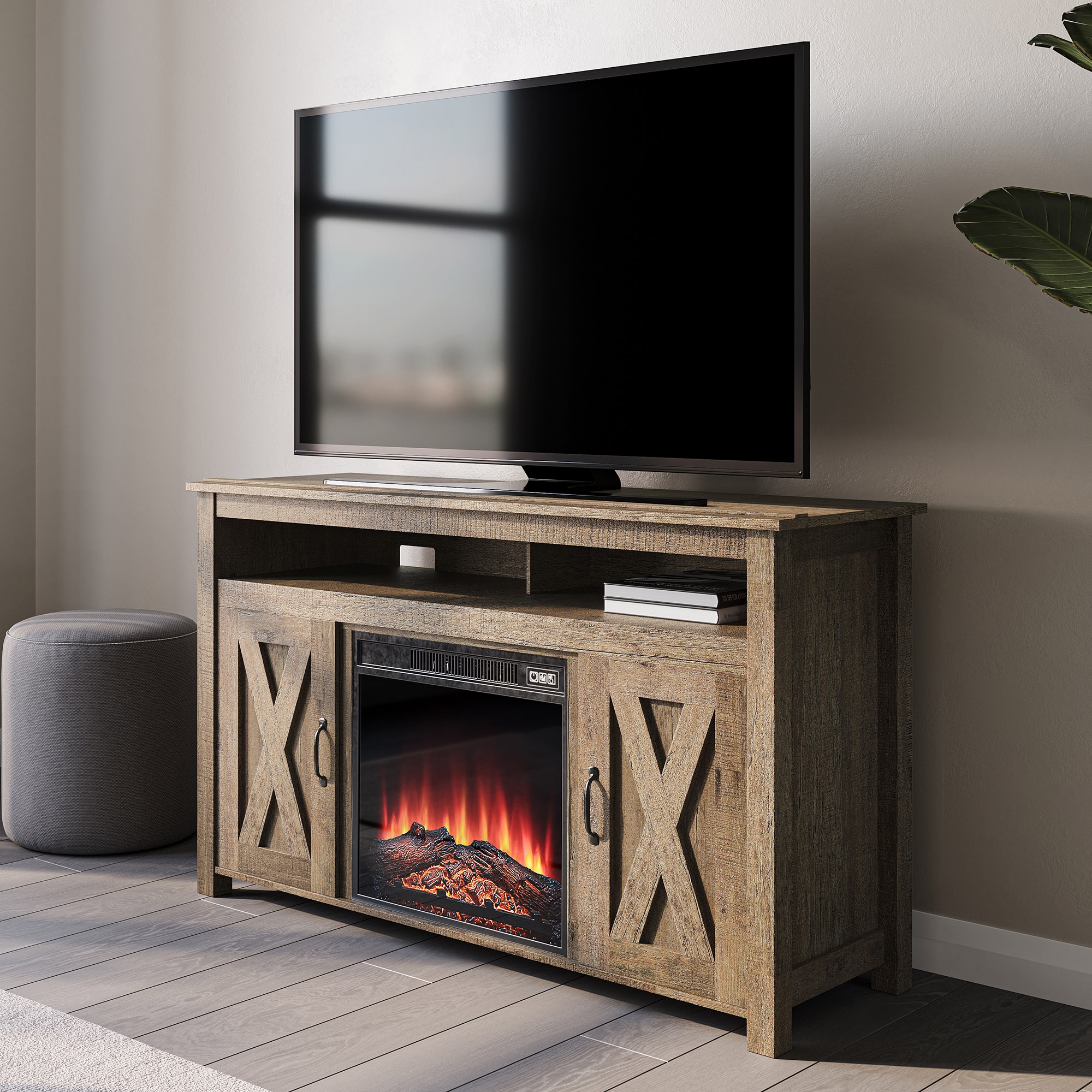 Belleze fireplace tv stand with remote control console media shelves for outlet tvs up to 65 inch