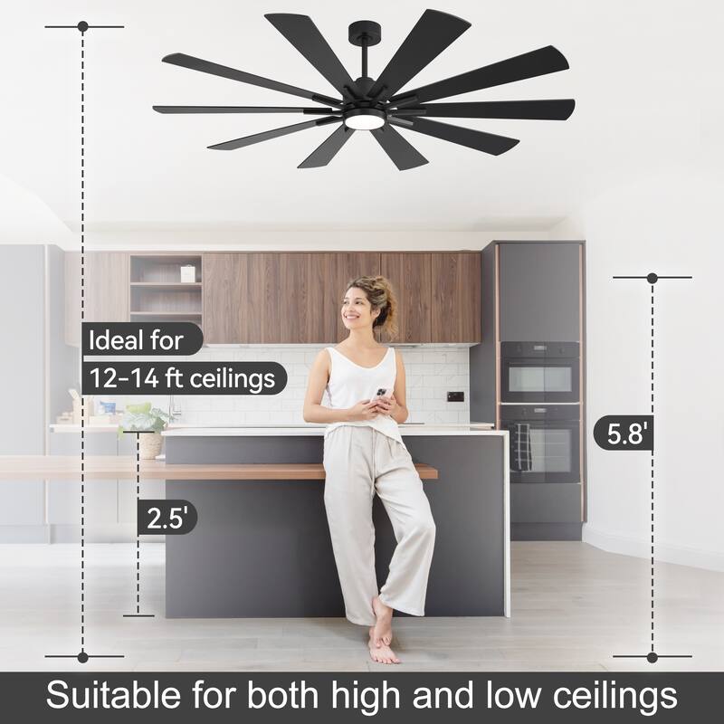 62"/72" Reversible 10-Blade Large LED Ceiling Fan with Light and Remote
