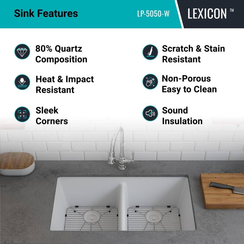 Lexicon Platinum 32" Quartz 50/50 Double Bowl Sink with Grids & Drain