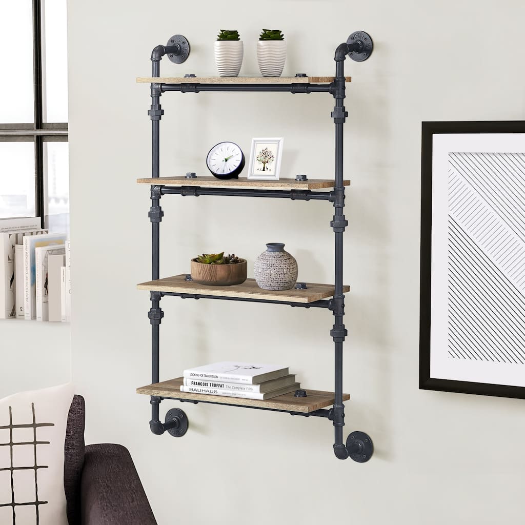 Mankato Oak and Sandy Black Rectangle 4-tier Wall Shelf