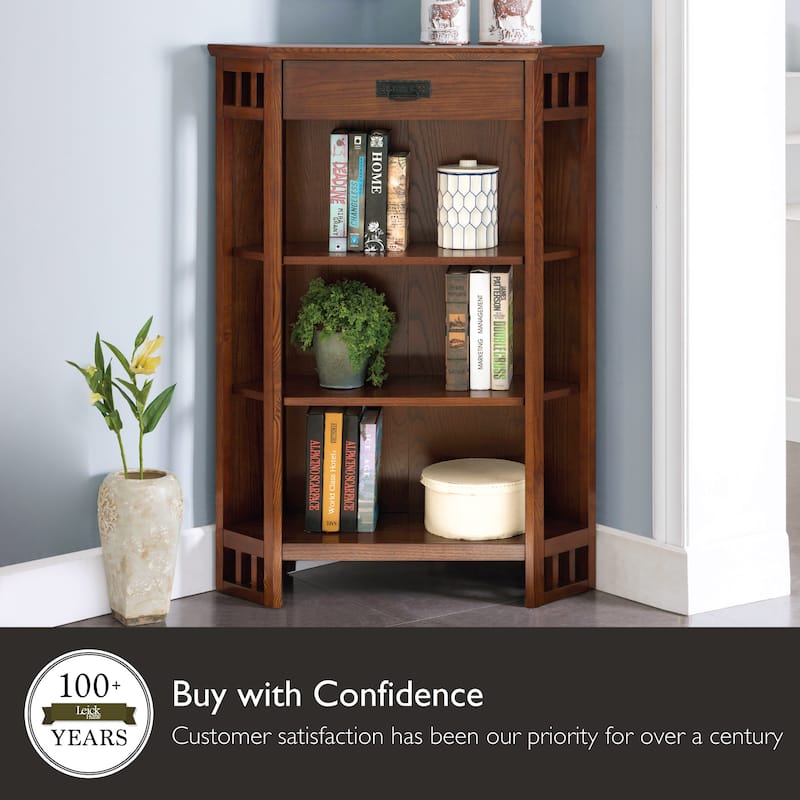 Leick Home Mantel Height 3-Shelf Corner Bookcase with Drawer Storage