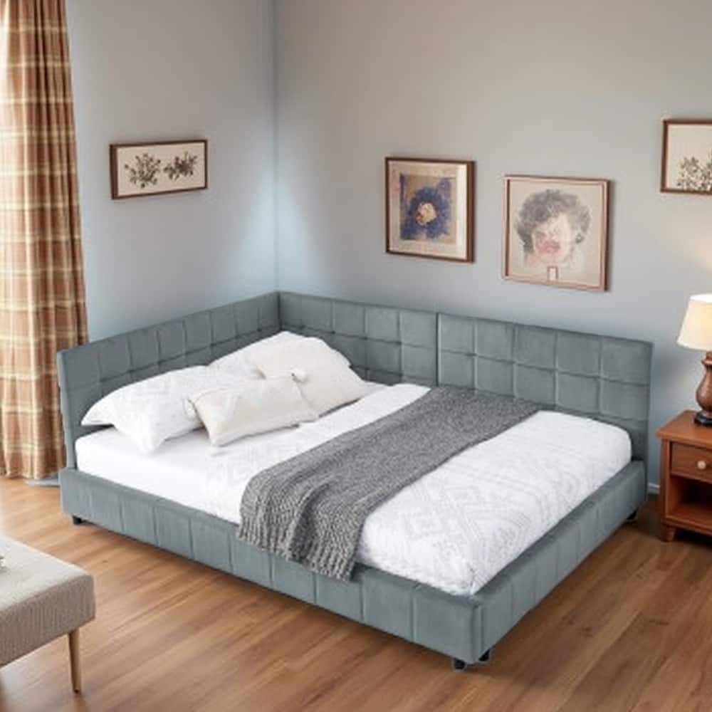 Full Size Velvet Upholstered Daybed with Tufted Backrest and Armrest, Mid-Century Sofa Bed Frame for Bedroom or Living Room