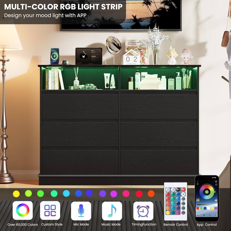 Dresser for Bedroom with 6 Drawers, Modern Chest Featuring LED Lights and Charging Station
