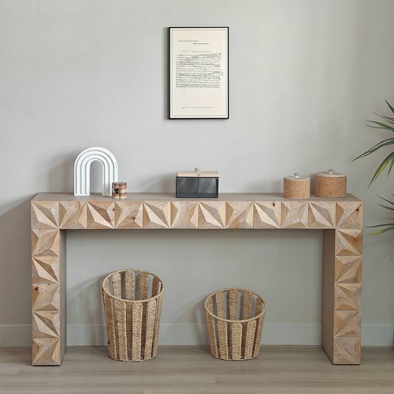 Modern Geometric Wooden Console Table - Natural Wood Finish with Handcrafted 3D Design - Antique Natural