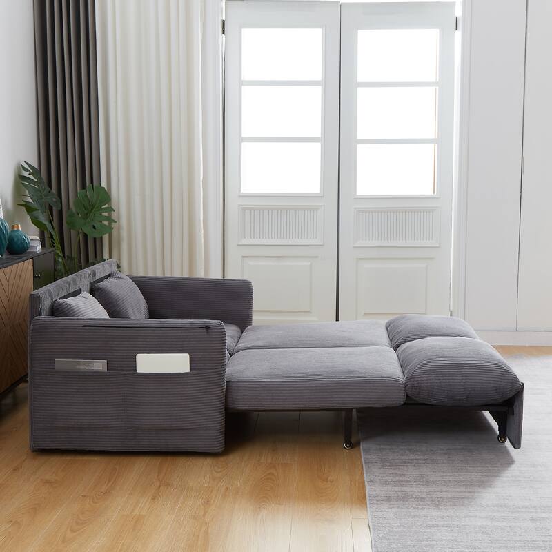 65" Corduroy 2-Seater Sleeper Sofa, 3-in-1 with Storage and Side Pocket
