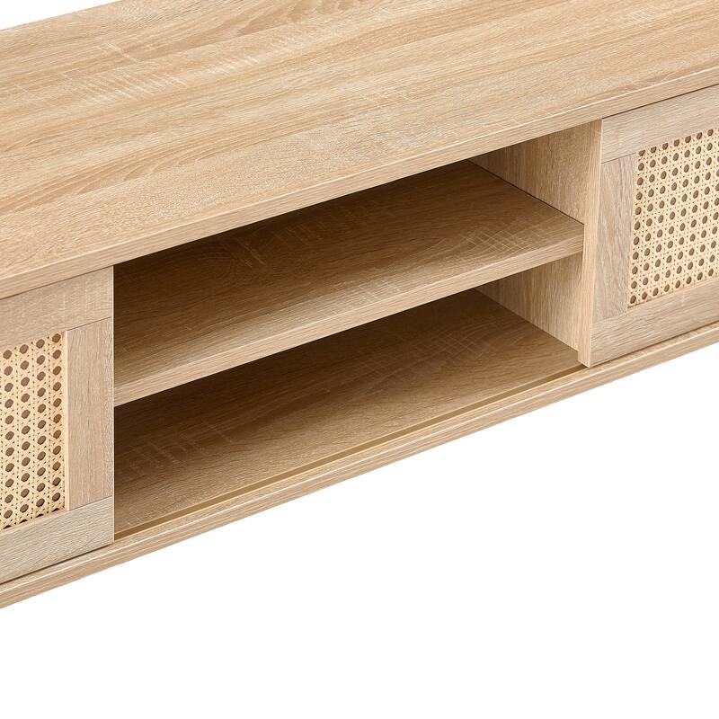 55.12" TV Stand with Double Sliding Doors, Solid Wood Legs and Adjustable Shelf for Living Room