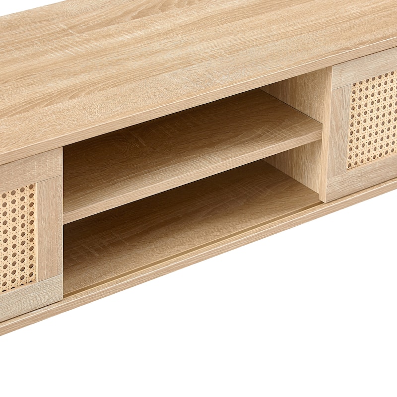 TV Stand For 55 Inch TV Entertainment Center With Adjustable Shelf Rattan TV Console With 2 Sliding Doors For Living Room
