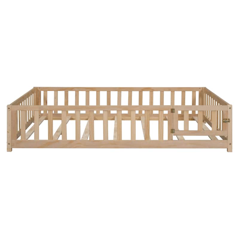 Natural Full Size Floor Platform Bed with Fence and Door for Kids