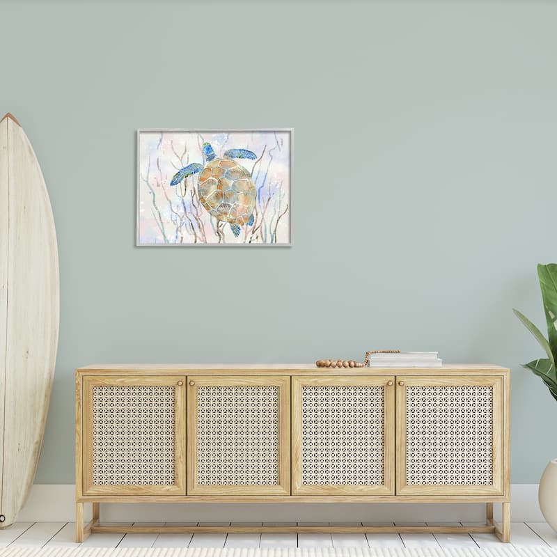 Stupell Contemporary Ocean Sea Turtle Abstract Kelp Sea Life Framed Wall Art - Blue
