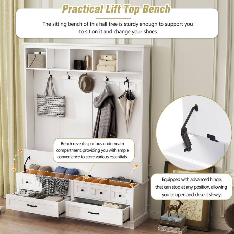Elegant Wide Hall Tree with 5 Hooks, Versatile Entryway Lift Top Storage Bench with 2 Drawers