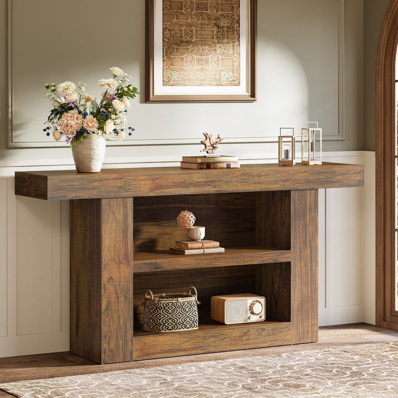 63-Inch Console/Entryway Table with Storage U-Shaped Base, 3-Tier Farmhouse Sofa Table Behind The Couch