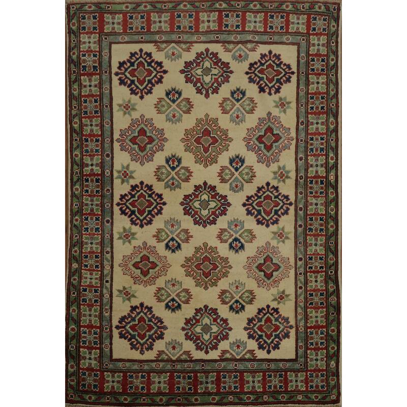 Hand Knotted Oriental 100% Wool Carpet Traditional Geometric Beige & Ivories Kazak Area Rug - 4' 11'' X 3' 4''