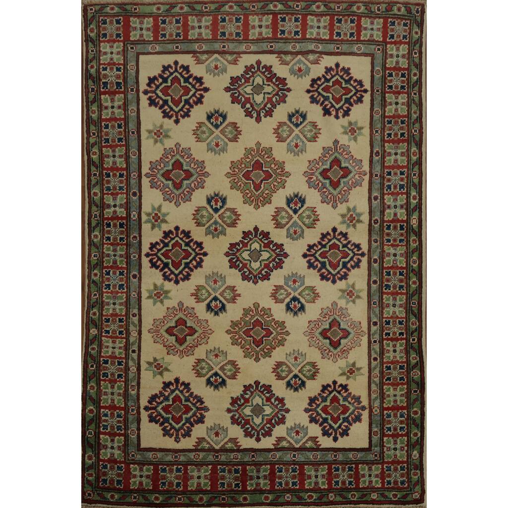 Hand Knotted Oriental 100% Wool Carpet Traditional Geometric Beige & Ivories Kazak Area Rug - 4' 11'' X 3' 4''