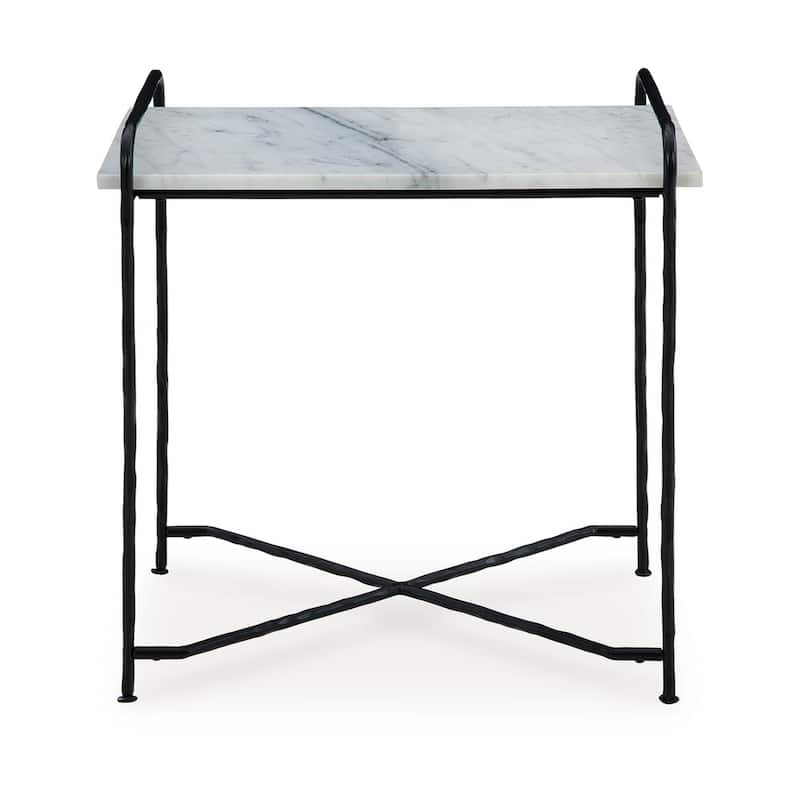 Accent Table, 22 Inch White Marble Top, Industrial Black Metal Legs