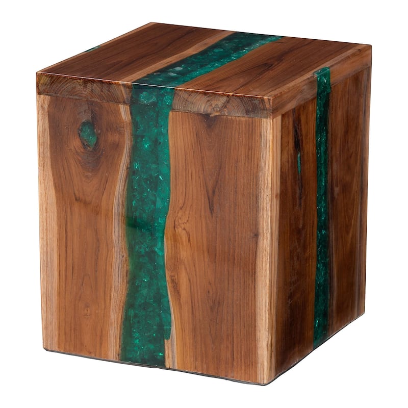 Anan Teak Wood Epoxy Resin End Table - Live Edge Cube Side Table, Handcrafted Modern Rustic Accent Table - Natural Brown/Green