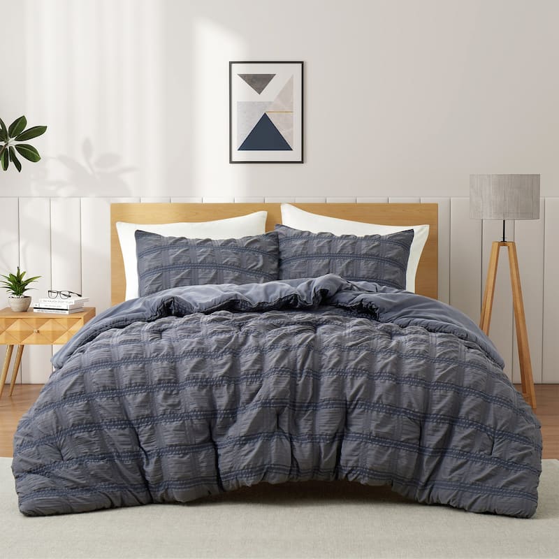 3-Piece Seersucker Bubble Ruffled Chic Textured Comforter Set, All-Season Bedding Set - Full - Queen - Gray