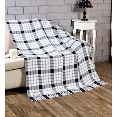 Farmhouse Hand-Woven Plaid Collection Cotton Fringe Throw Blanket - White/Black | 50x60''