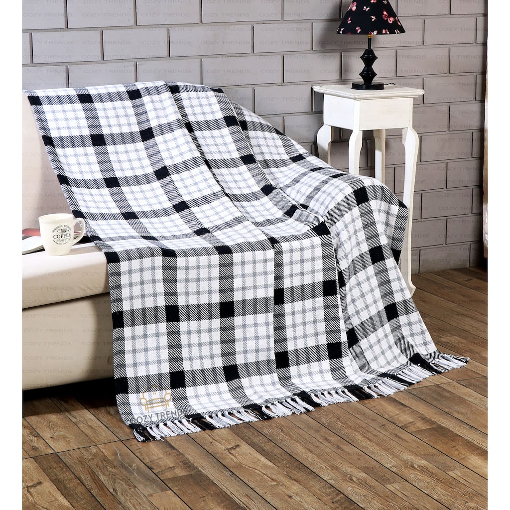Farmhouse Hand-Woven Plaid Collection Cotton Fringe Throw Blanket - White/Black | 50x60''