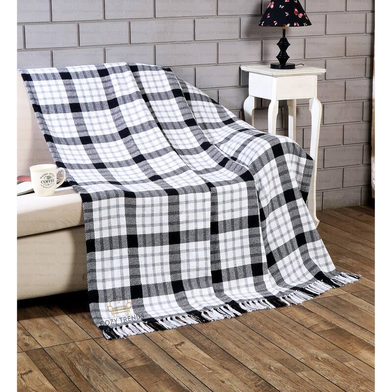 Farmhouse Hand-Woven Plaid Collection Cotton Fringe Throw Blanket - White/Black | 50x60'' - 50''X60''