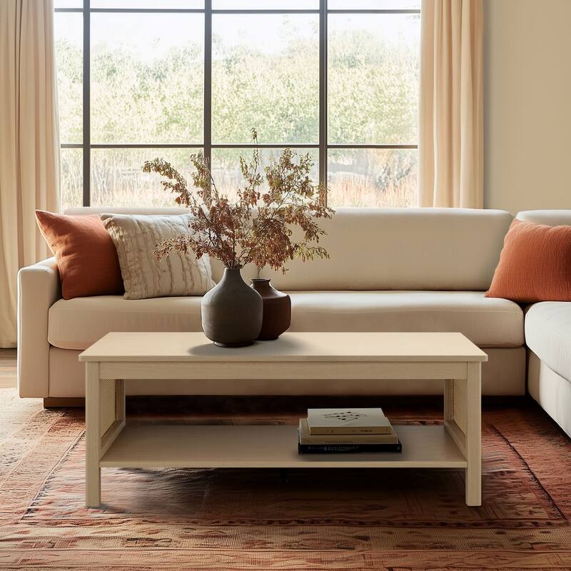 Chelsea Square Ashlyn 2-Tier Coffee Table with Rattan Sides & Spacious Open Shelf Storage - 21.75x16