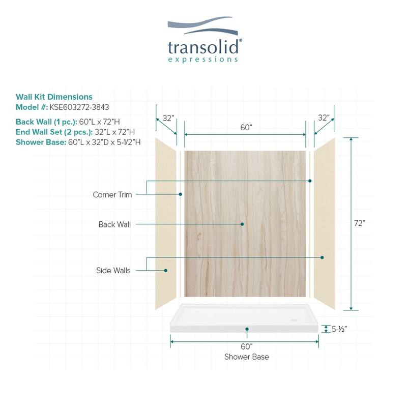 Transolid Expressions 60-in X 32-in X 72-in Glue to Wall Shower Kit - 32" x 60" x 72"