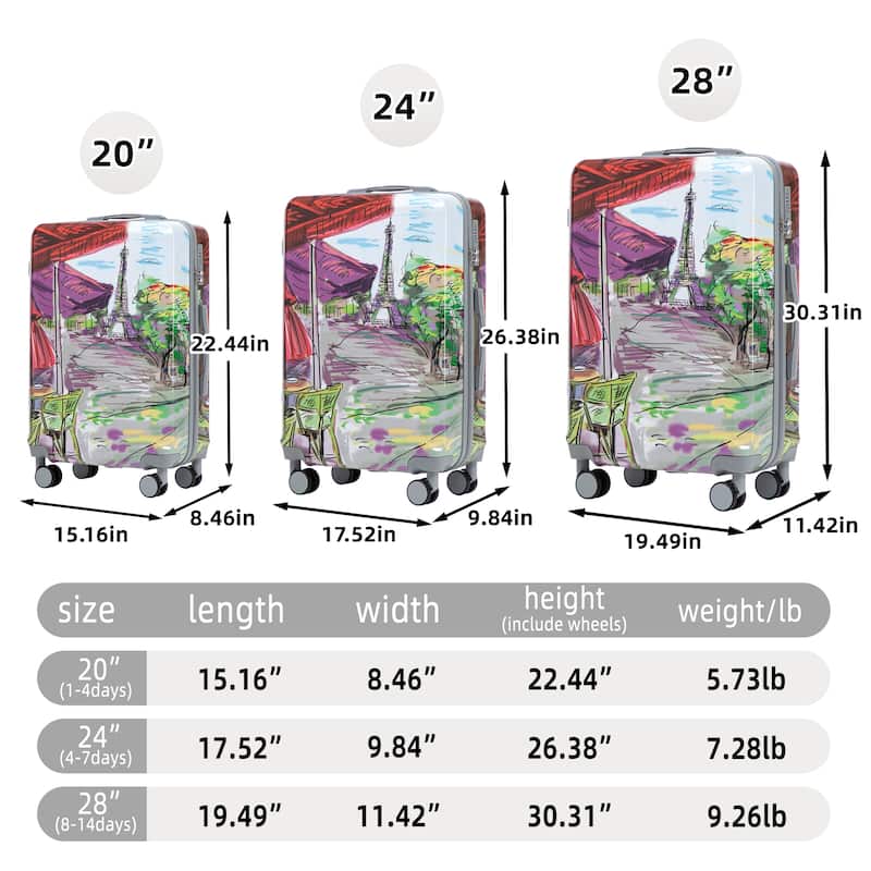 3 Pcs Lightweight ABS Hardside Suitcases, 20"/24"/28" Carry on Suitcase with Printed Pattern and Tsa Lock and Spinner Wheels