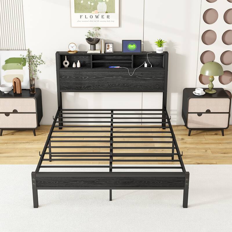Full Size Bed Frame with Storage Headboard, Charging Station, No Box Spring Needed, Easy Assembly