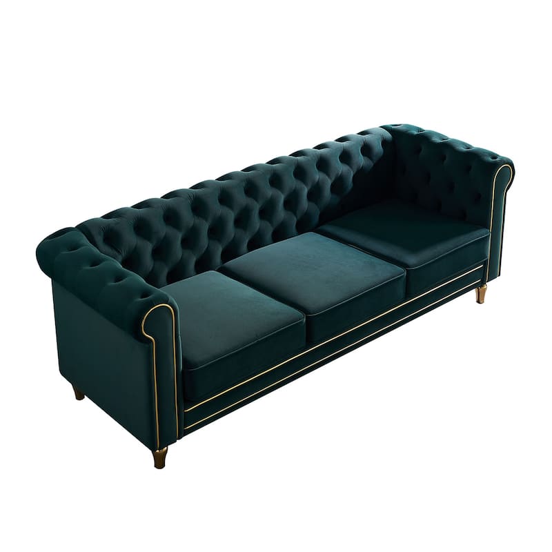 Modern Chesterfield Couch with Button Tufting, High-Density Foam & Gold Accents - 85'' Wide
