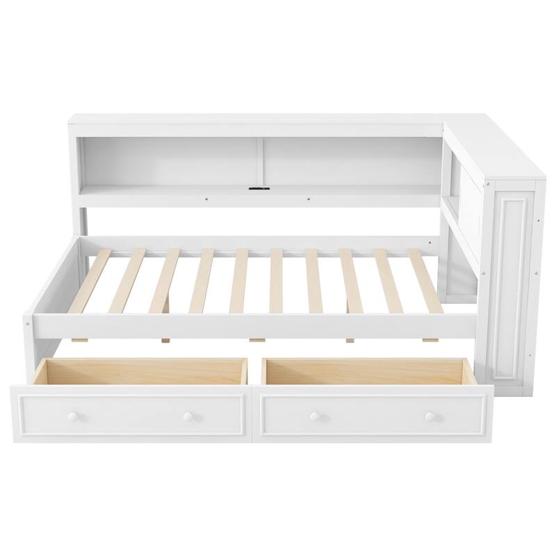 Full Size Wood Daybed with Storage Shelves, 2 Drawers, USB Ports & LED Lighting