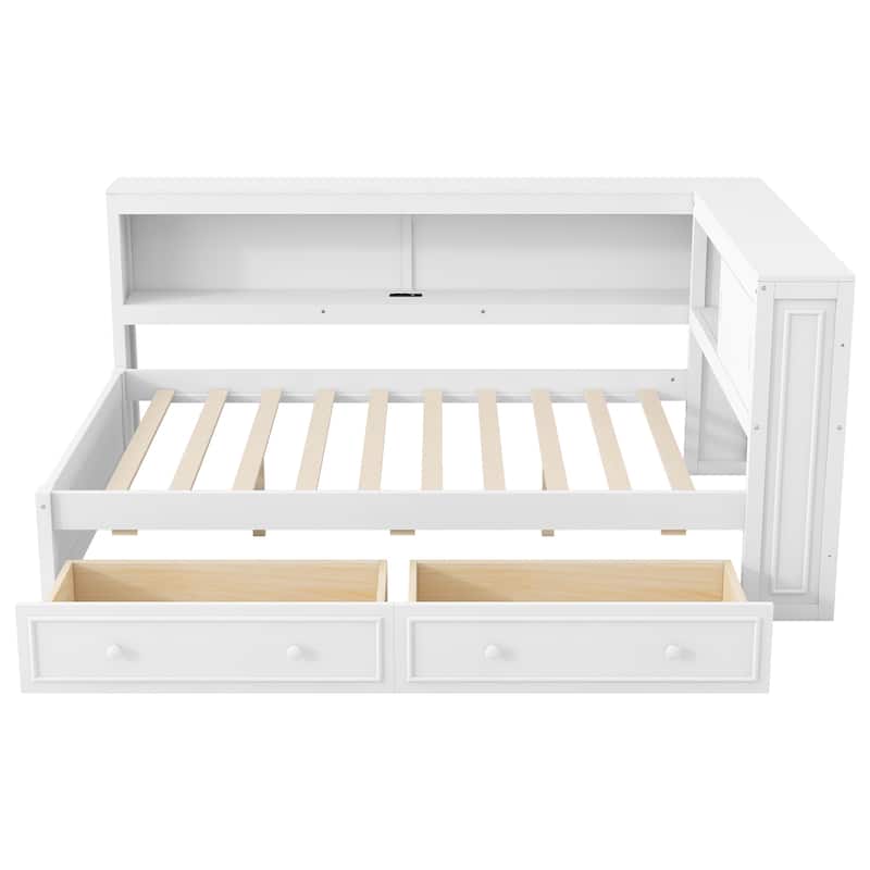 Full Size Wood Daybed with Storage Shelves, USB Ports, LED Lights & 2 Drawers by Harper&Bright Designs