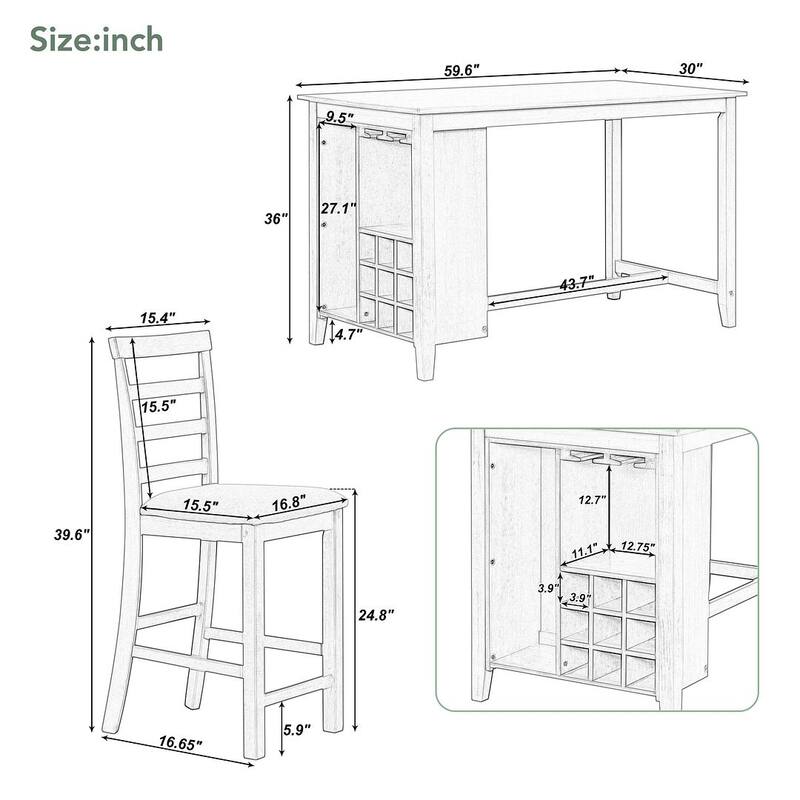5 PCS Multi-Functional Rubber Wood Dining Set withIntegrated 9 Bar Wine Compartment
