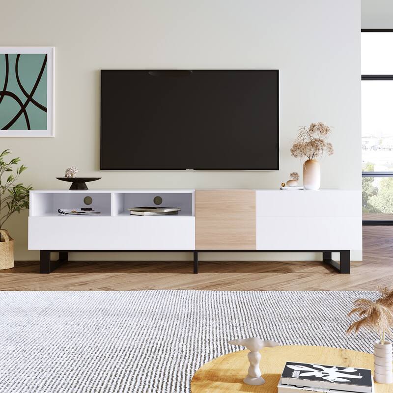 TV Stand Media TV Console Table for 80" TV with Double Storage Space, Modern Entertainment Center with Drop Down Door