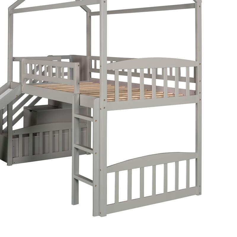 Twin Pine Loft House Bed with Storage Stairs and Slide