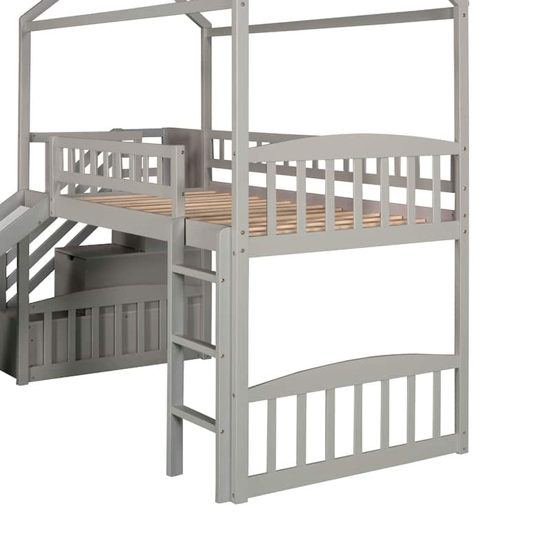 Twin Size Loft Bed Solid Wood Bed with Storage Stairs and Slide, House Loft Bed with Space Underneath for Boys Girls Bedroom