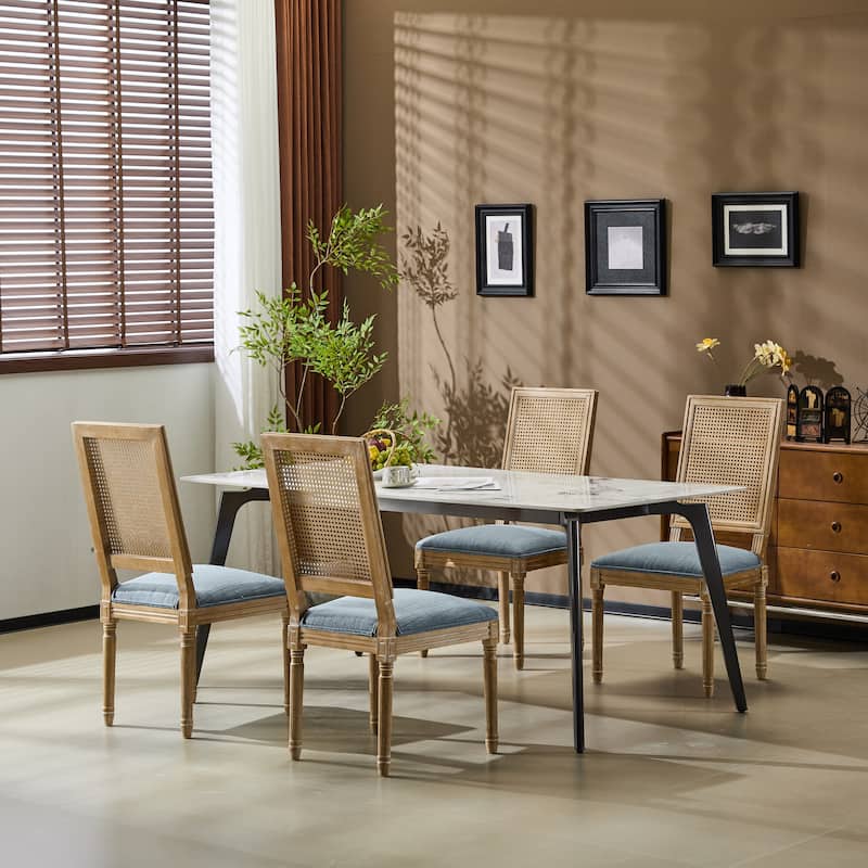 [Set of 4] French Country Dining Chairs - Elegant Cane Backrest & Upholstered Seats with Fluted Legs- Solid Rubberwood Frame - Slate Blue